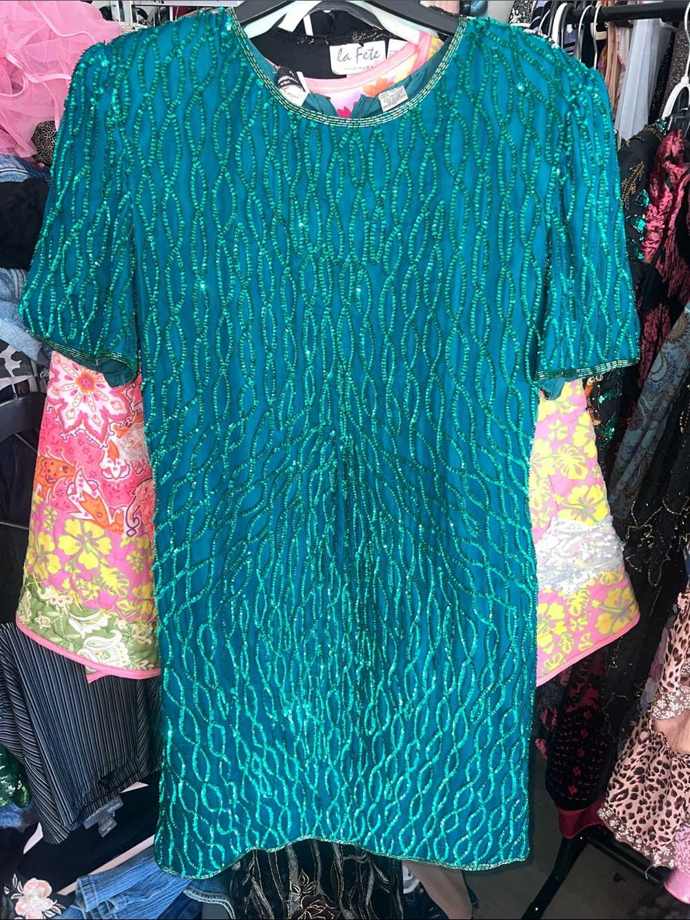 90s Laurence Kazar Beaded Short Sleeve silk Dress